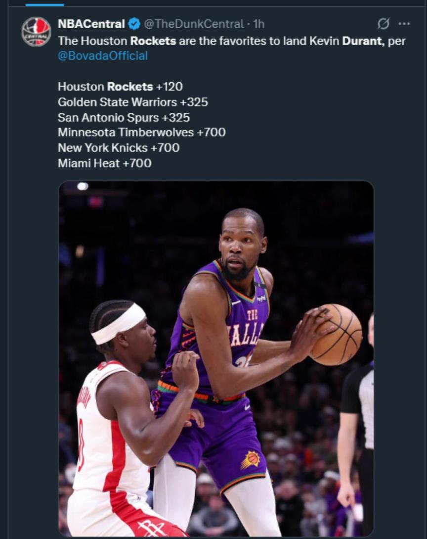 難道說？美媒曬杜蘭特下家賠率，火箭大幅度領跑！